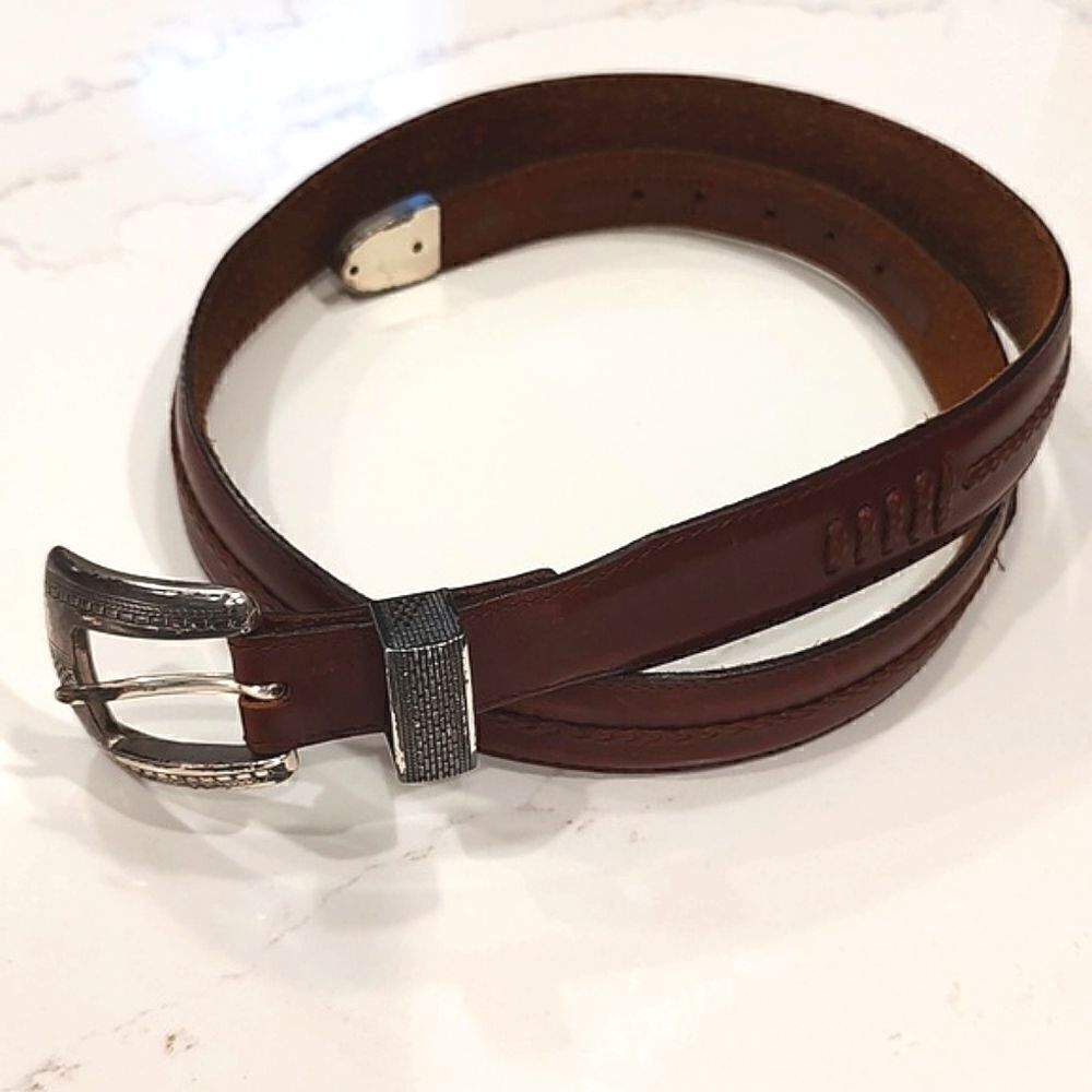 Onyx by Brighton Brown Leather Men's Belt Silver Buckle & Tip Vintage Size 38